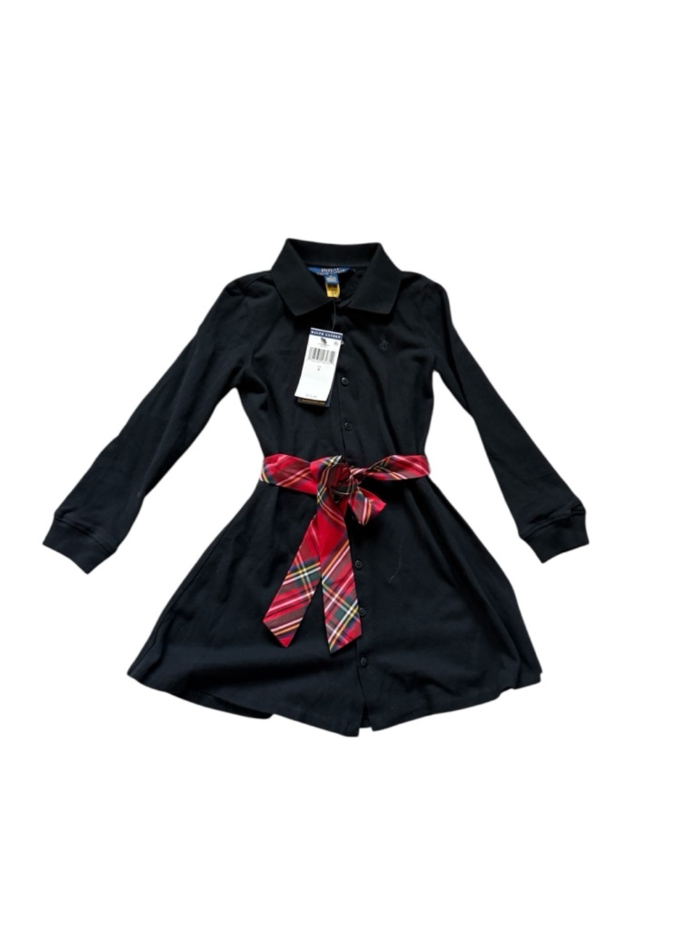 Polo by Ralph Lauren Black Long-Sleeve Shirt Dress with Red Plaid Belt